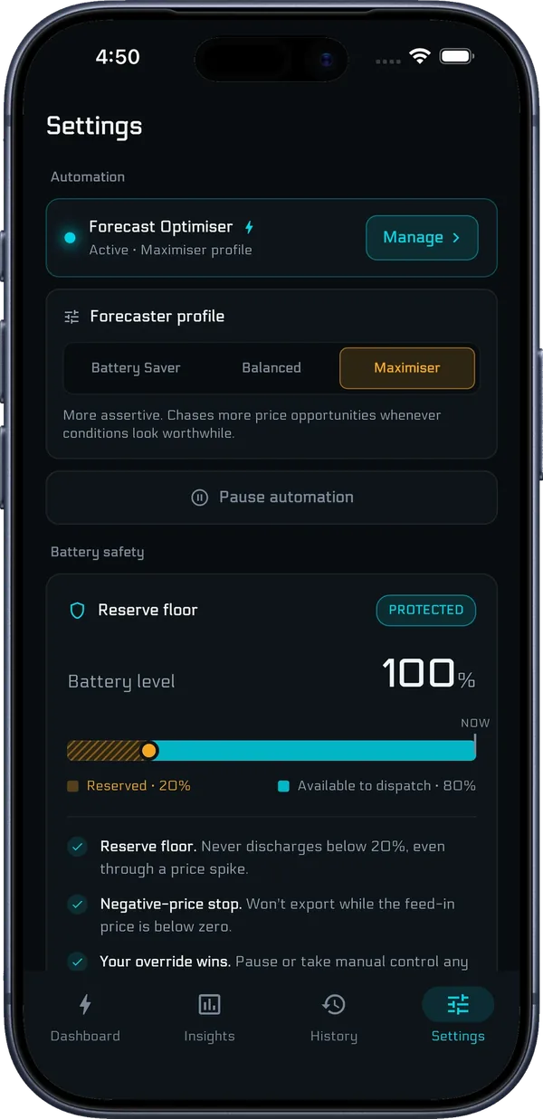 GridSentinel automation settings screen