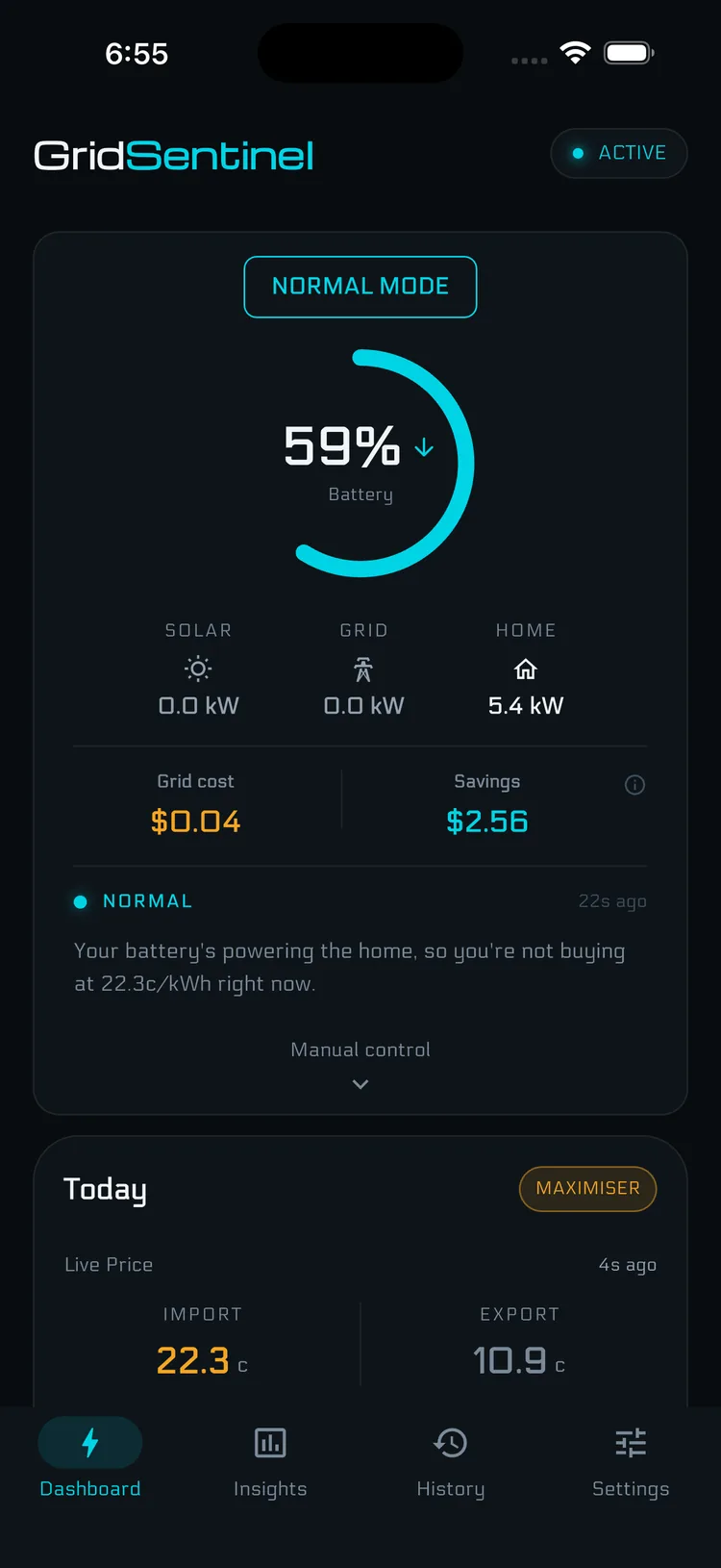 Dashboard showing the current mode and the reason for it